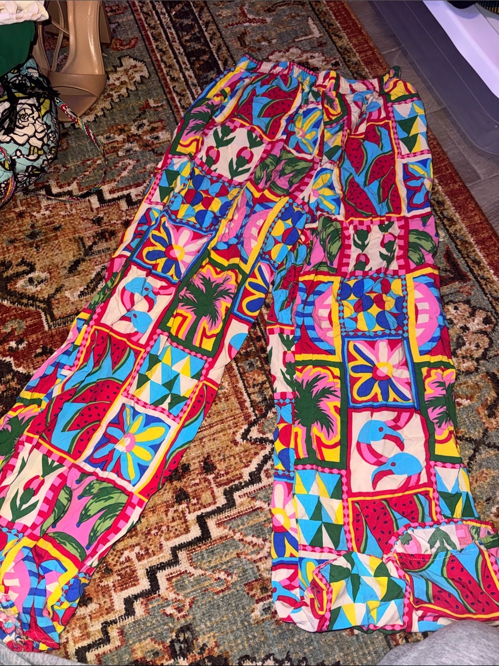 Japna Bright Patchwork Wide-Leg Pants in Pink, Blue, Yellow & Green